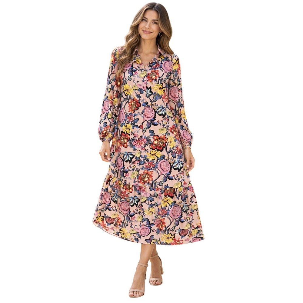 Halogen Women's S Pink Floral Long Sleeve Button Front Ruffle Hem Dress